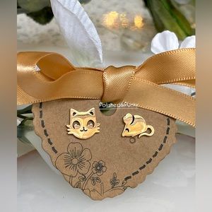 Rose gold Cat and Mouse  stud earrings small earrings minimalist earring in box